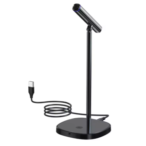 Wireless desktop microphone with sleek stand, USB connectivity, ideal for gaming and streaming.