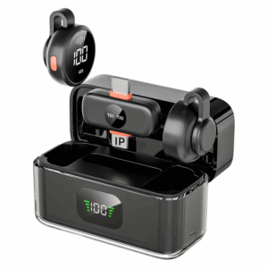 Wireless Bluetooth hearing aid with charging case and digital display for real-time battery status.