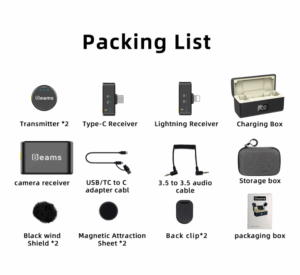 Wireless microphone transmitter and receiver set with charging box for professional audio recording.
