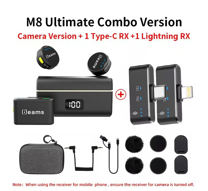 Beams M8 ultimate combo Wireless Lavalier Microphone (for Camera, Type C and Iphone)